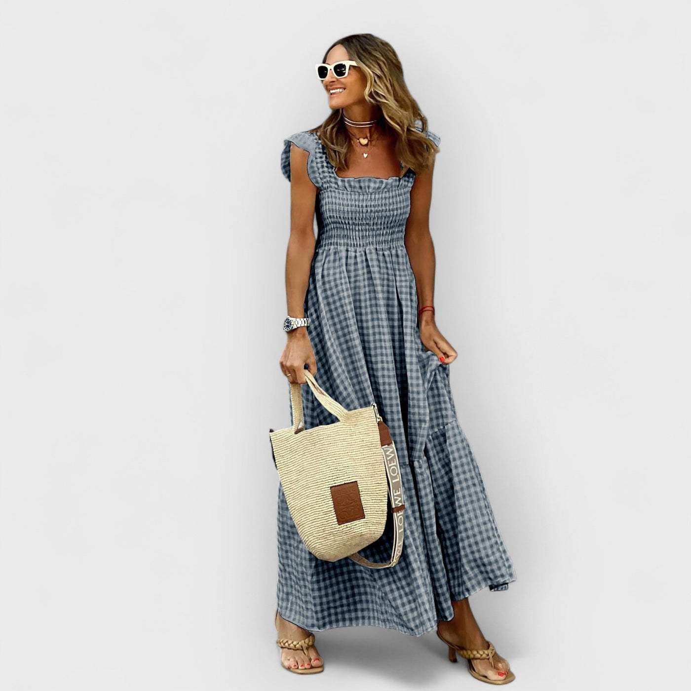 Amaris | Plaid Ruffle-Sleeve Smocked Maxi Dress