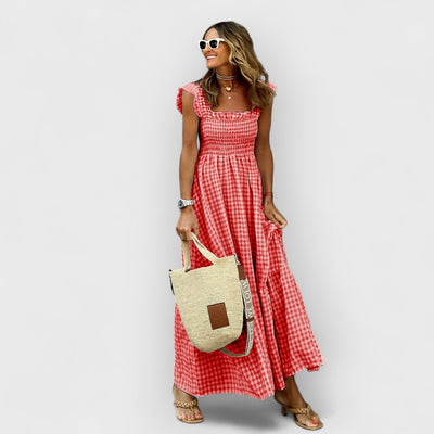 Amaris | Plaid Ruffle-Sleeve Smocked Maxi Dress