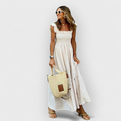 Amaris | Plaid Ruffle-Sleeve Smocked Maxi Dress