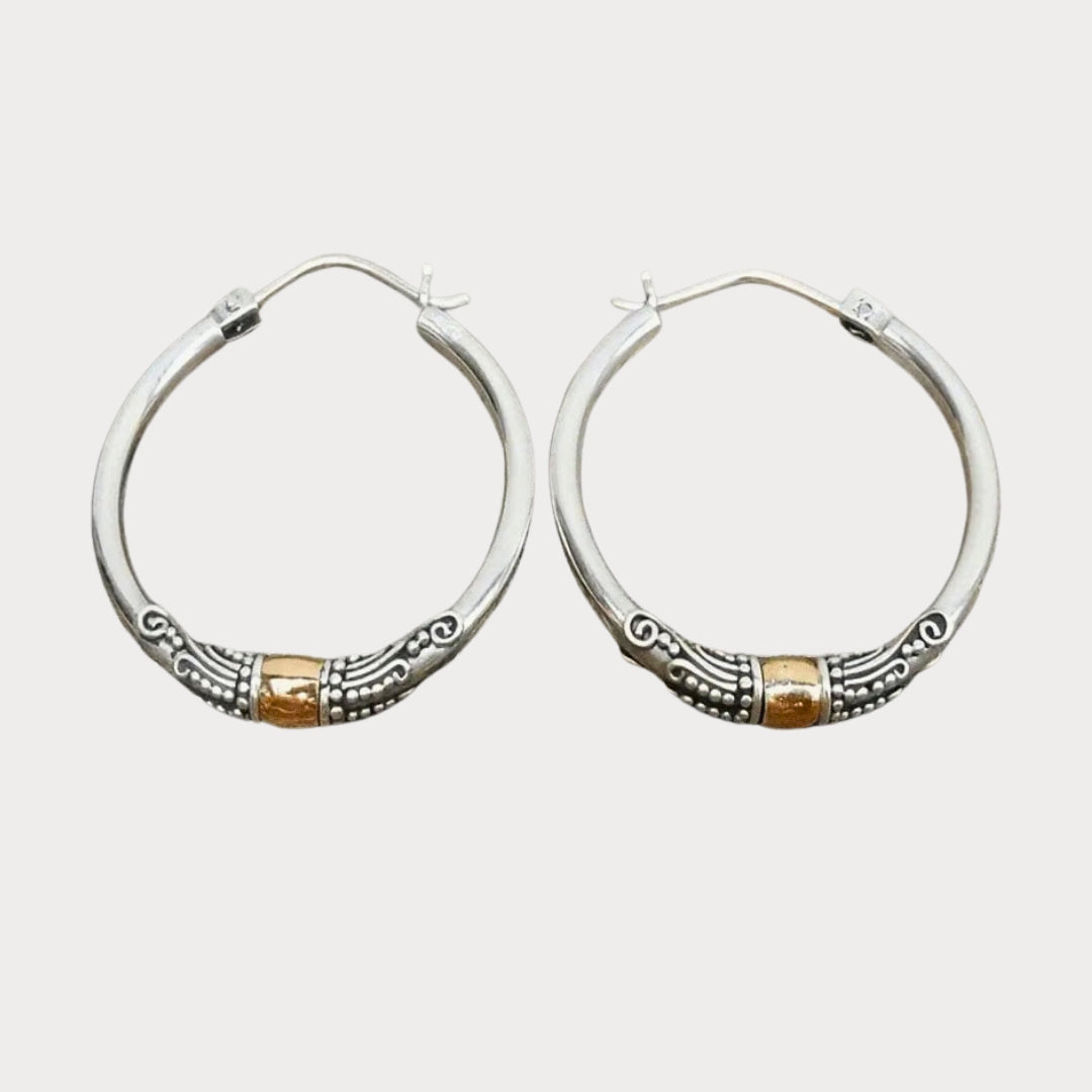 Etched Bloom | Carved Pattern Silver Hoop Earrings