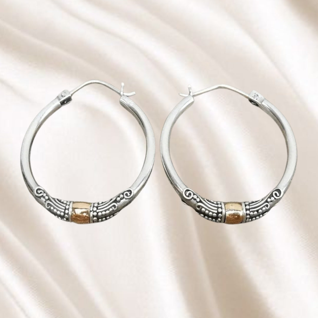 Etched Bloom | Carved Pattern Silver Hoop Earrings