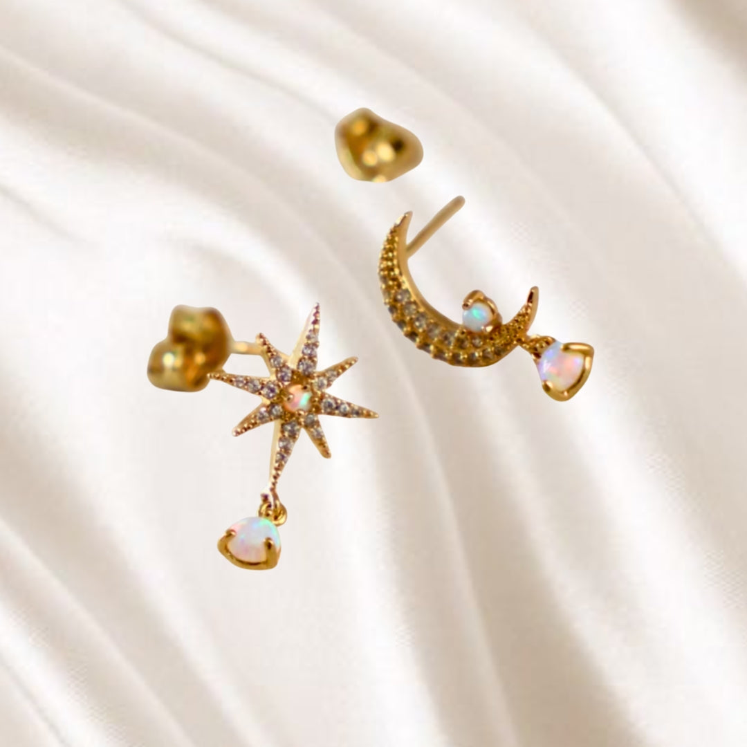 Antique Bloom | Gold & Opal Moon & Star Earrings
