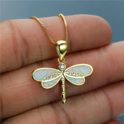 Seraphina I Gold Dragonfly Necklace with Opal Accent