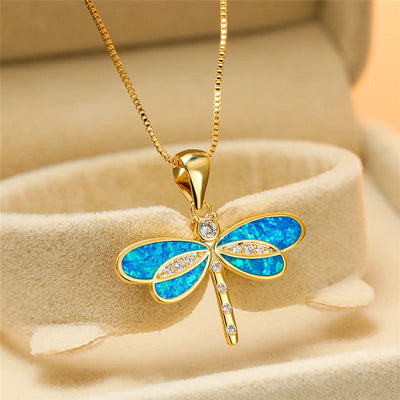 Seraphina I Gold Dragonfly Necklace with Opal Accent