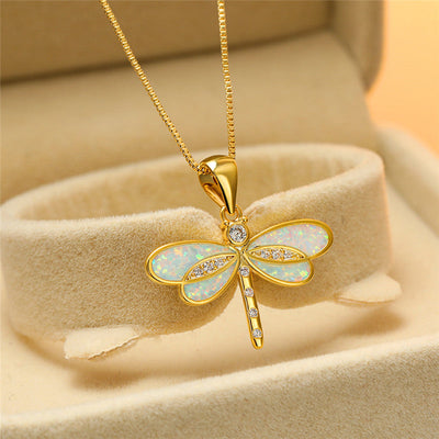 Seraphina I Gold Dragonfly Necklace with Opal Accent