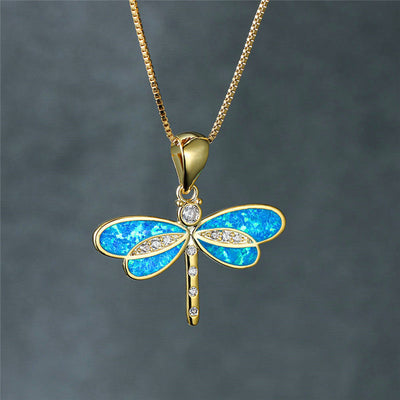 Seraphina I Gold Dragonfly Necklace with Opal Accent