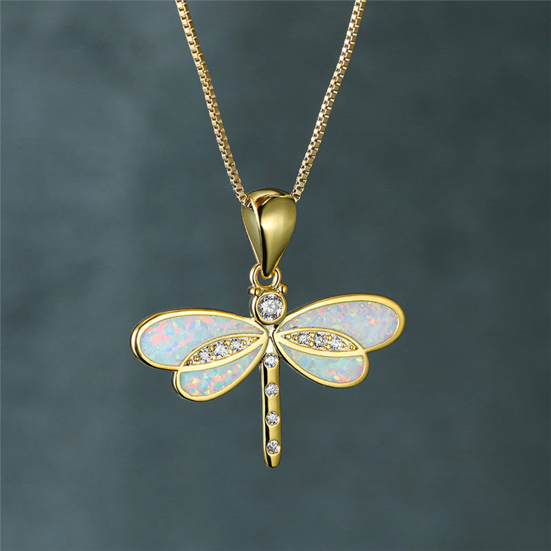 Seraphina I Gold Dragonfly Necklace with Opal Accent