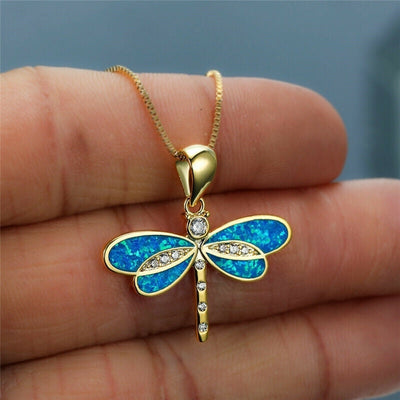 Seraphina I Gold Dragonfly Necklace with Opal Accent