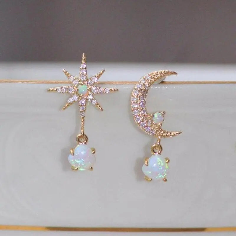 Antique Bloom | Gold & Opal Moon & Star Earrings