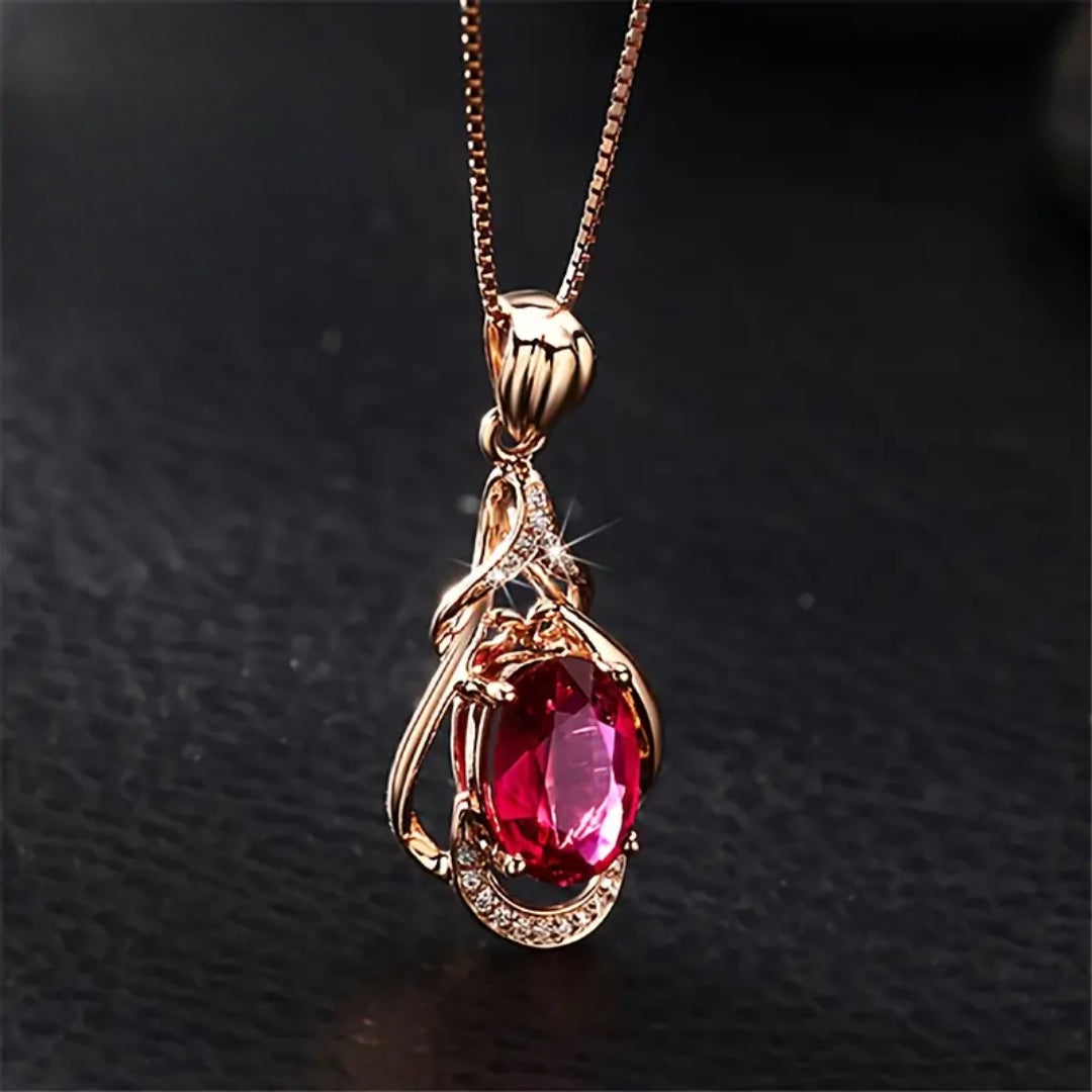 Firelight Grace I Elegant Red Crystal Gold Necklace