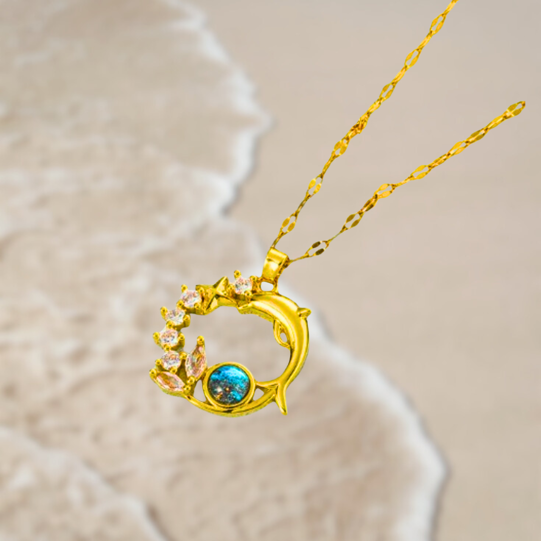 Golden Sea Spark / Blue Crystal Dolphin Necklace