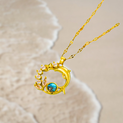 Golden Sea Spark / Blue Crystal Dolphin Necklace