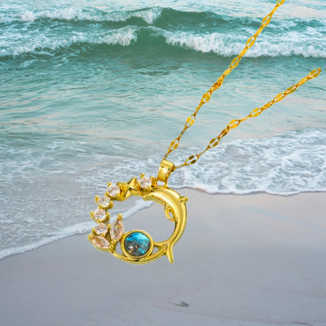 Golden Sea Spark I Blue Crystal Dolphin Necklace