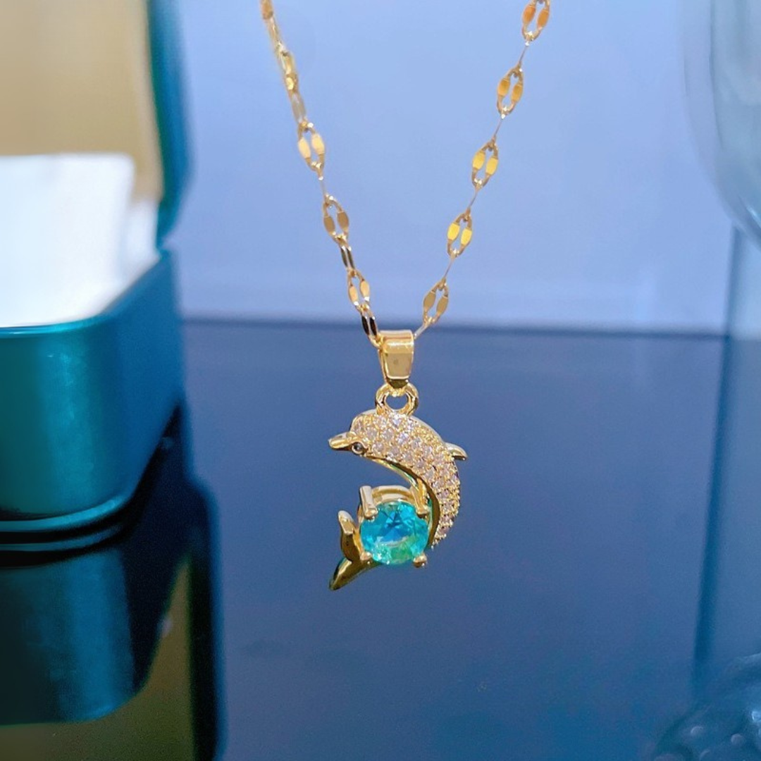Sea Whisper I Crystal Golden Dolphin Necklace