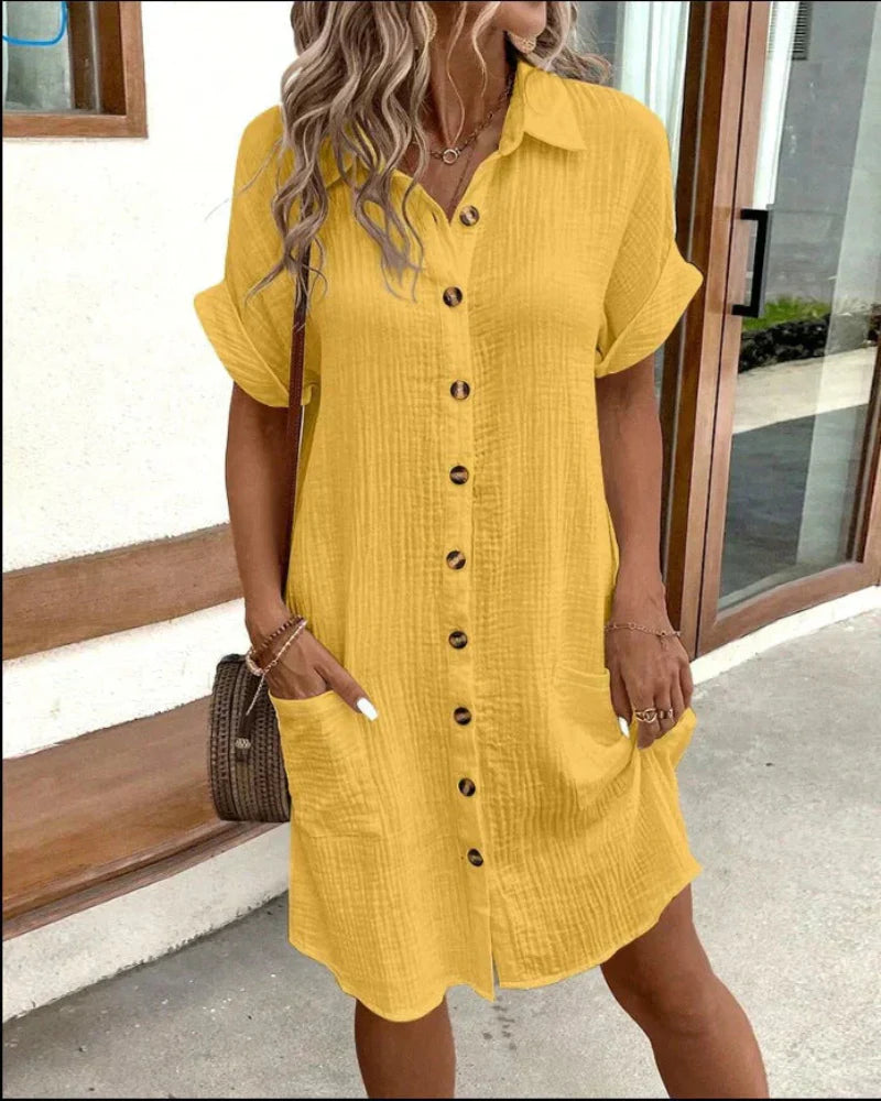 Lyra- Women’s Retro Cotton Linen Shirt Dress