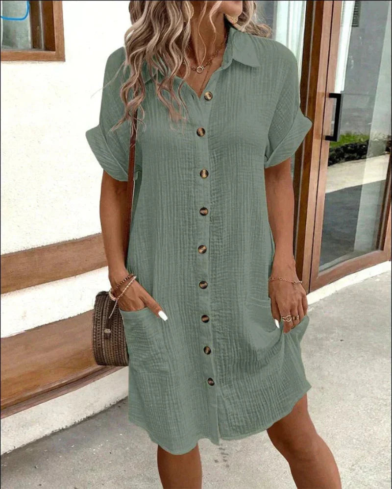 Lyra- Women’s Retro Cotton Linen Shirt Dress
