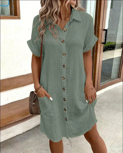 Lyra- Women’s Retro Cotton Linen Shirt Dress