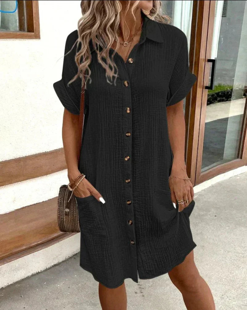 Lyra- Women’s Retro Cotton Linen Shirt Dress