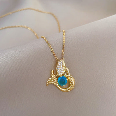 Golden Mermaid I Blue Crystal Necklace