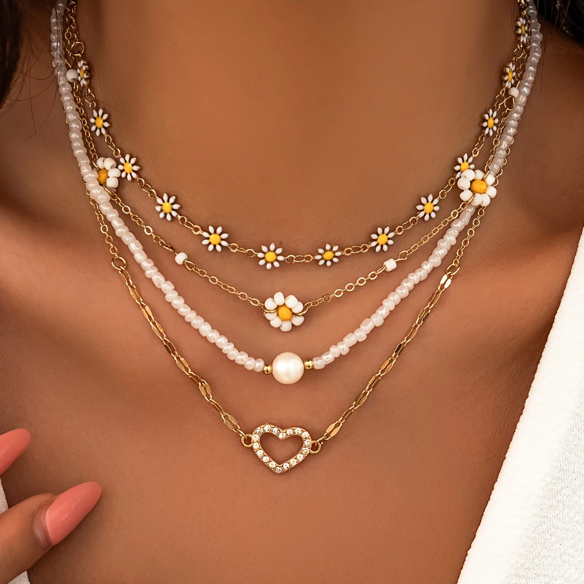 Spring Radiance I Golden Layered Daisy Necklace