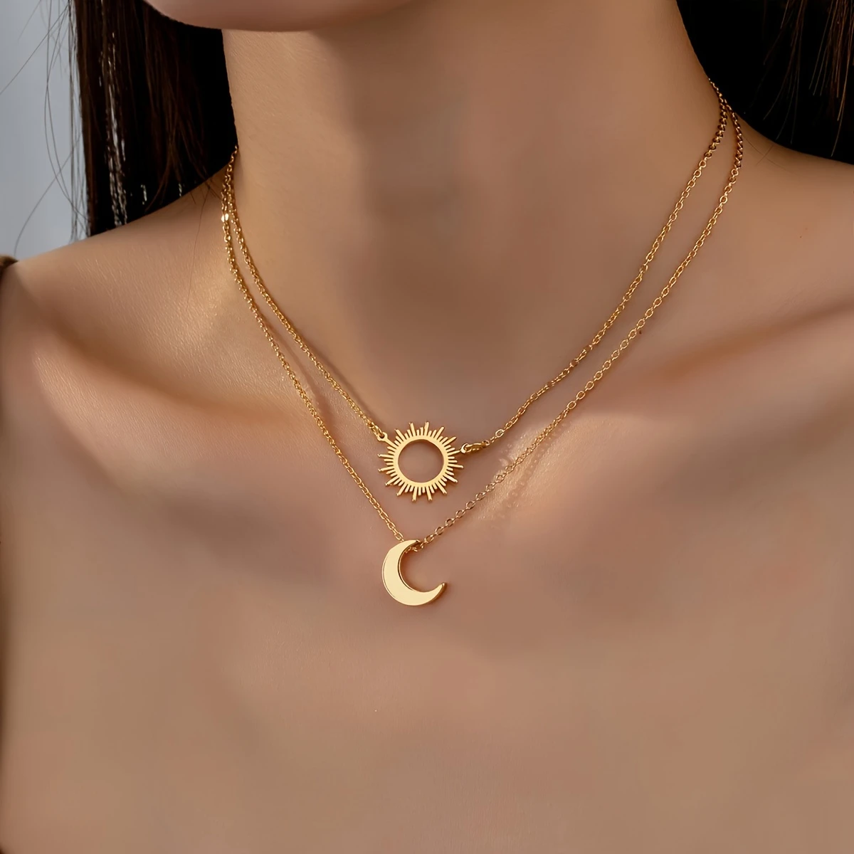 Celestial Harmony I Sun & Moon Gold Layered Necklace
